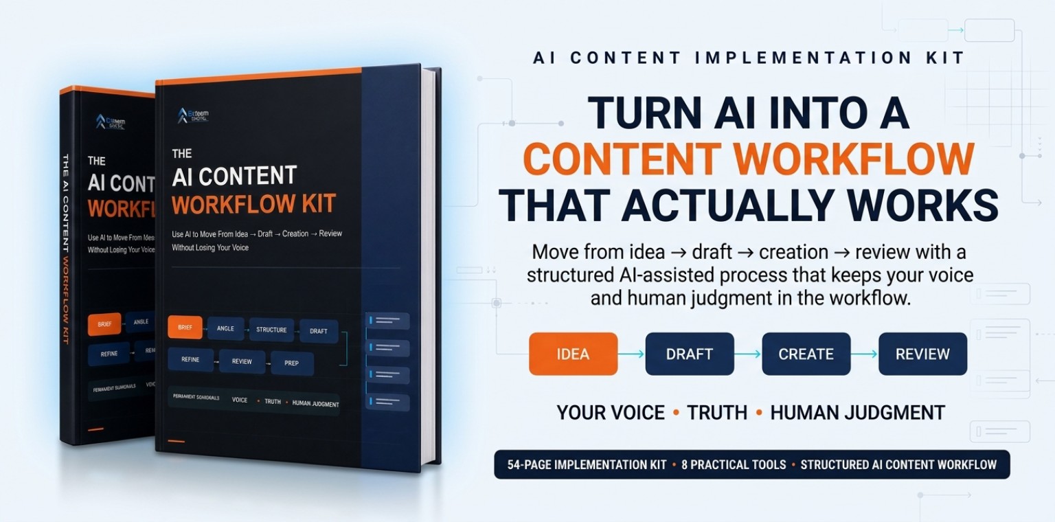 Turn AI into a content workflow that actually works — idea, draft, create, review, with your voice, truth and human judgment. 54-page implementation kit with 8 practical tools.